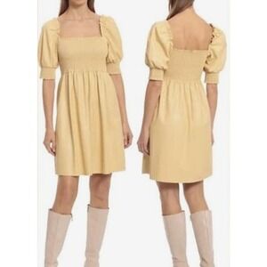 Vintage Y2K 7 For‎ All Mankind Butter Yellow Dress Size L Faux Leather Smocked